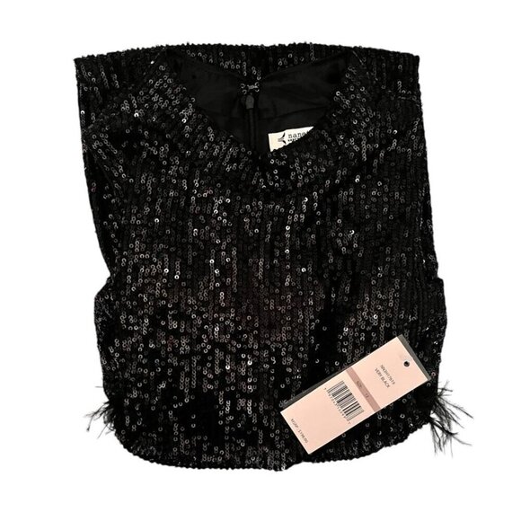 Nanette Lepore Womens Black High Neck Feather Trim Sequined Dress Sz 12 New - Picture 4 of 9